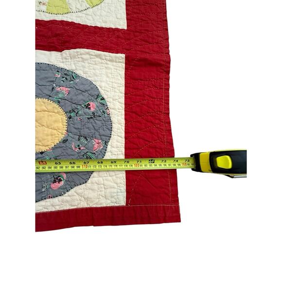 Antique Vintage Dresden Plate Quilt Red Sashing Hand Stitched 66x74” Patchwork - Picture 9 of 14